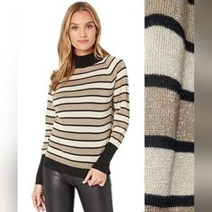CHASER Metallic Gold Striped Mock-Neck Lightweight Sweater Black Tan Cream SZ L